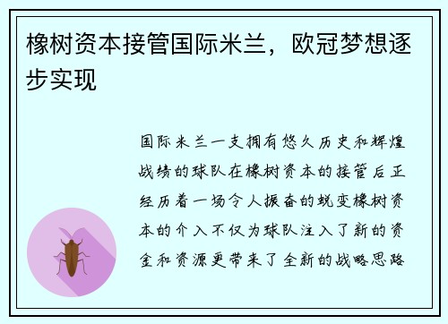 橡树资本接管国际米兰，欧冠梦想逐步实现
